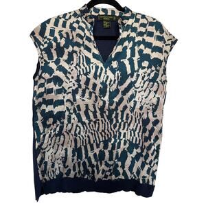 Shanghai Tang Womens L Mulberry Silk Cotton Abstract Print V-Neck Short Sleeve